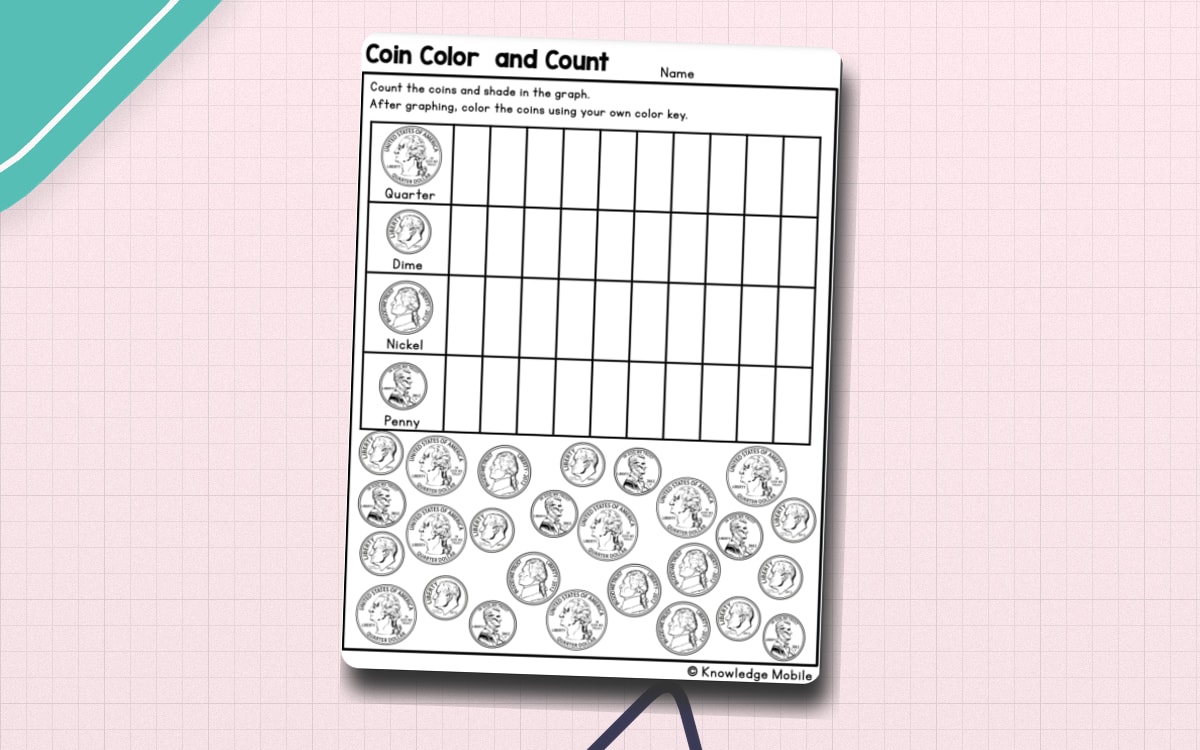 Coin Color and Count worksheet with a four-row graph and mixed coin pictures.