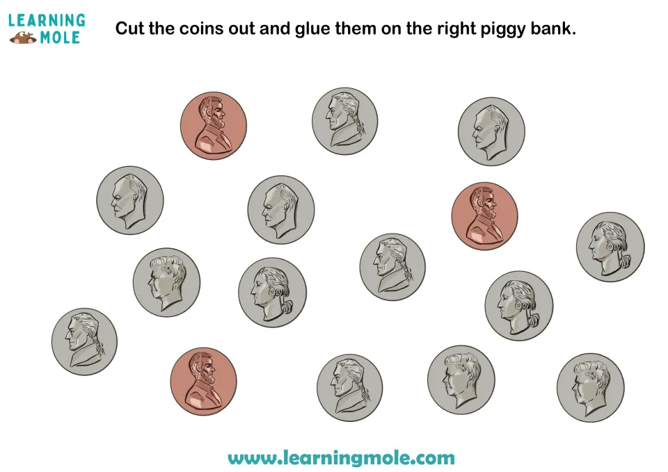 Coin cut-outs: students cut out 16 copper and silver US coin pictures and glue each onto the matching labeled piggy bank
