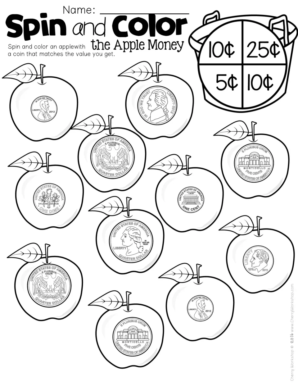 Spin and Color the Apple Money: students spin 5¢, 10¢ or 25¢ and color an apple showing the matching single coin