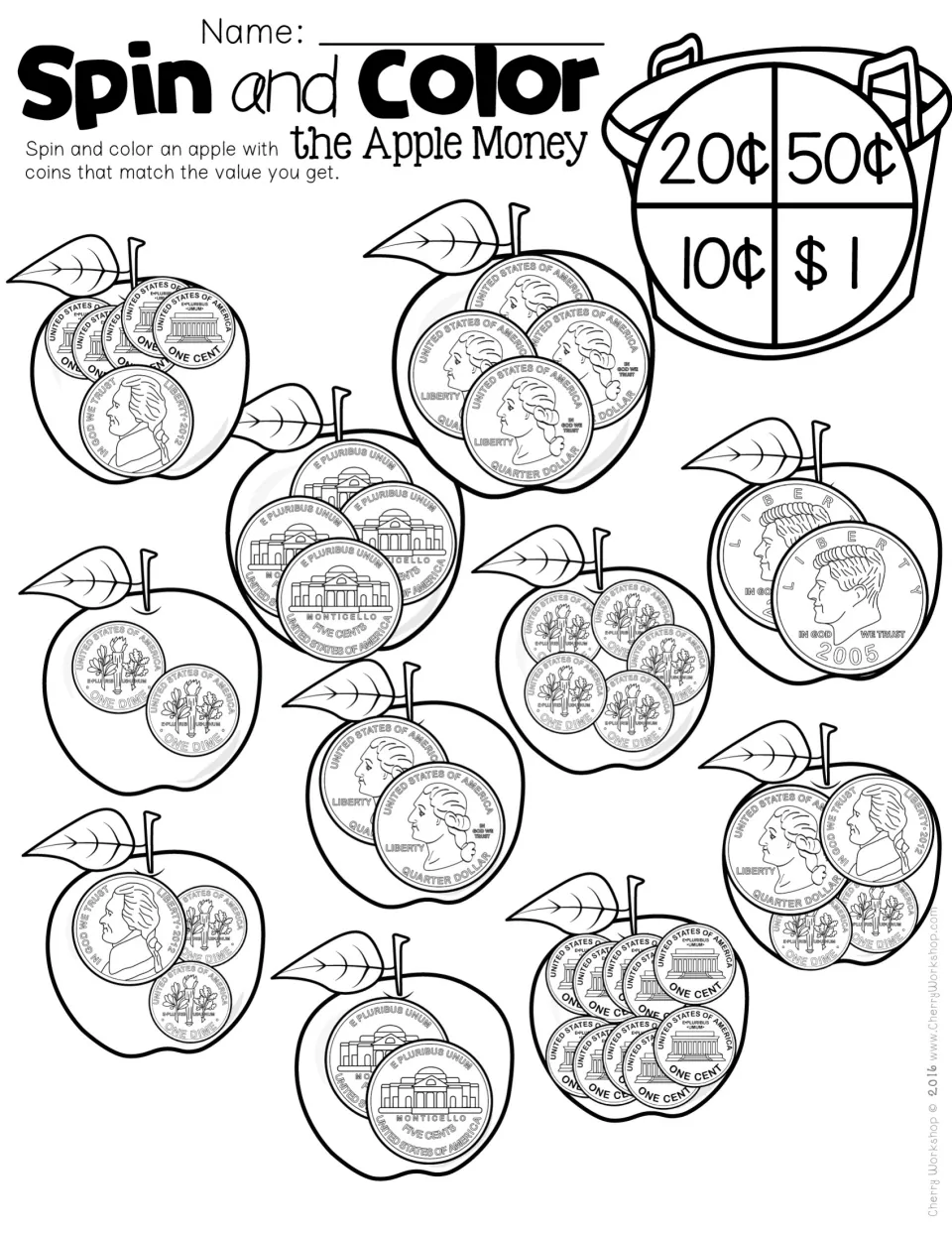 Apple Money spinner game with coin sets: students spin 10¢, 20¢, 50¢ or $1 and color the apple whose coins total that value
