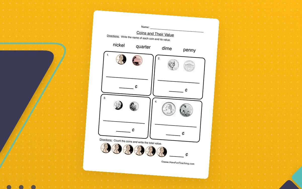 Coin Values Worksheet preview: Coin-name and value fields for four denominations