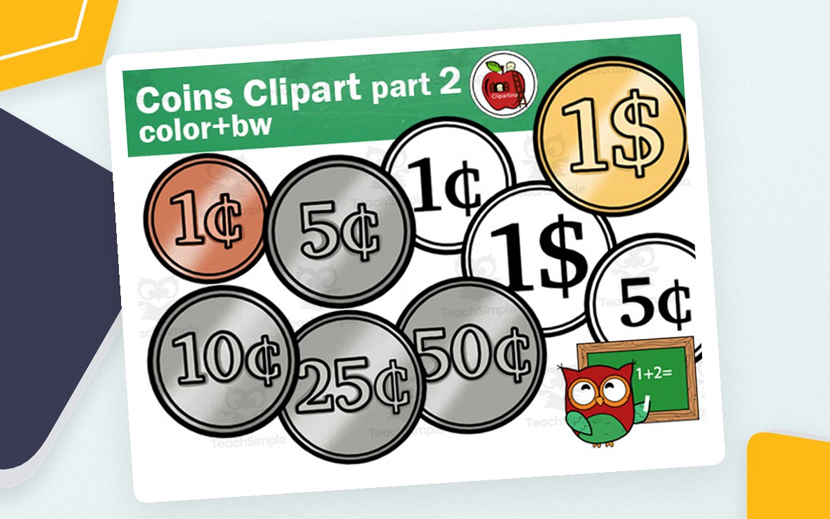 Coins Clipart cover with color and black-and-white U.S. coin and dollar graphics.