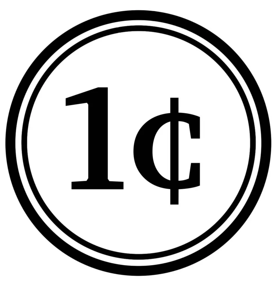 One-cent coin clip art: black-and-white round graphic marked 1¢ in bold serif type, for building money problems