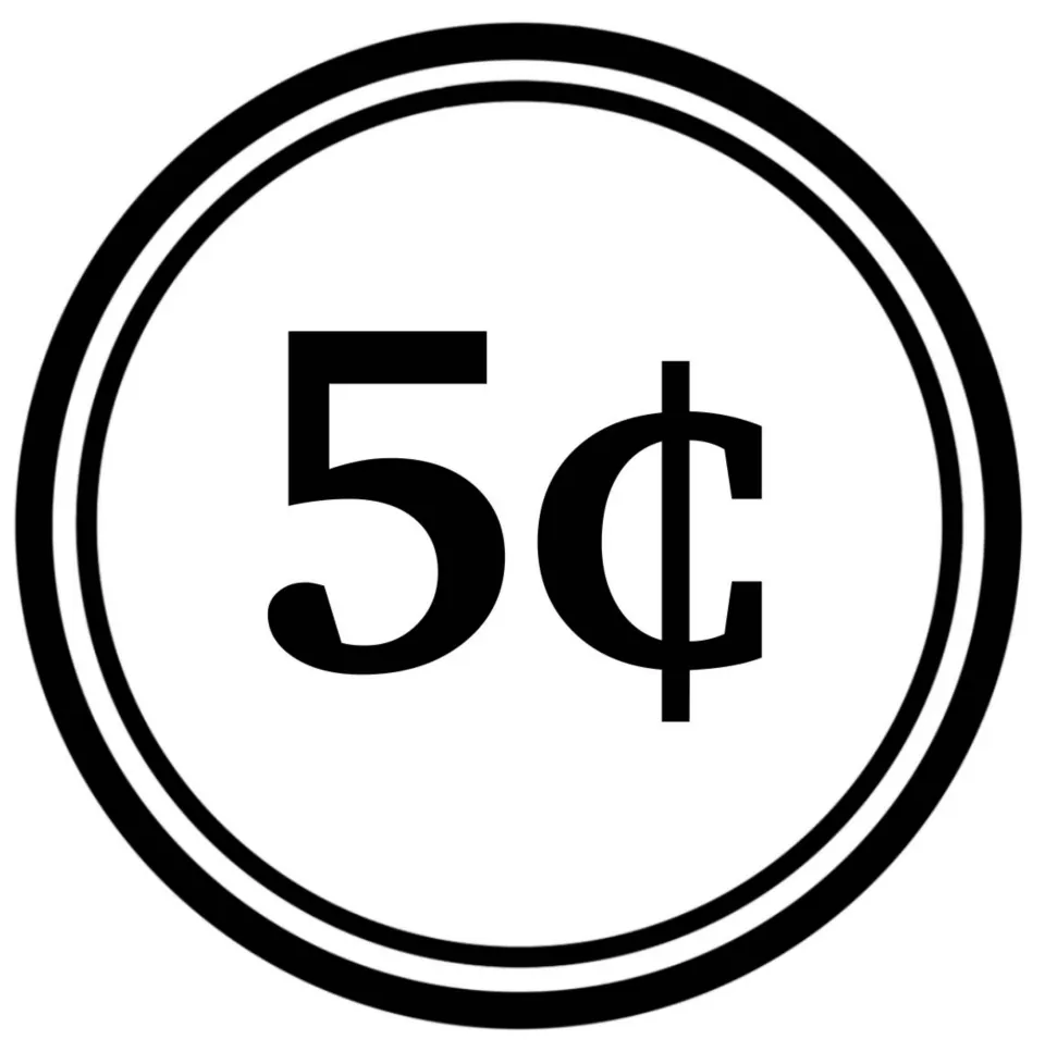 Five-cent clip art: a bold serif 5¢ inside a black-and-white round graphic, for pricing items on shop tasks