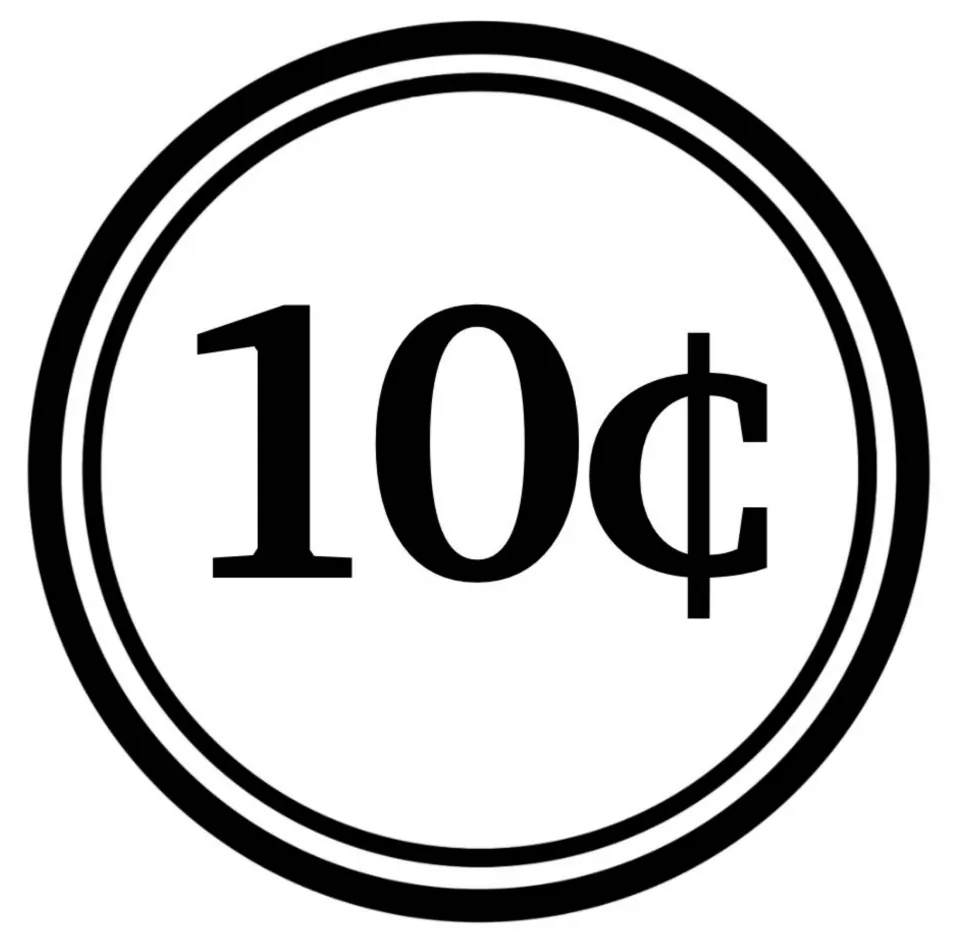 Ten-cent coin clip art: black-and-white round graphic labeled 10¢ in bold type, for making change and sums