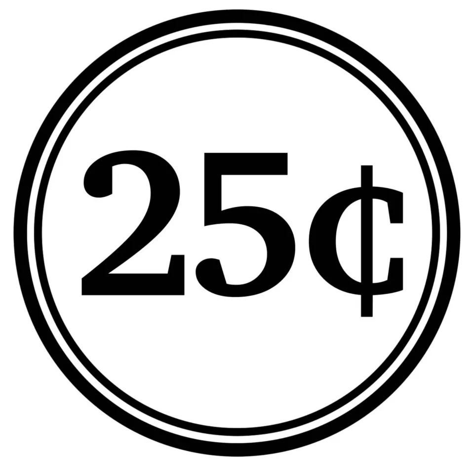 Twenty-five-cent coin clip art: black-and-white round graphic marked 25¢, for money counting and subtraction tasks