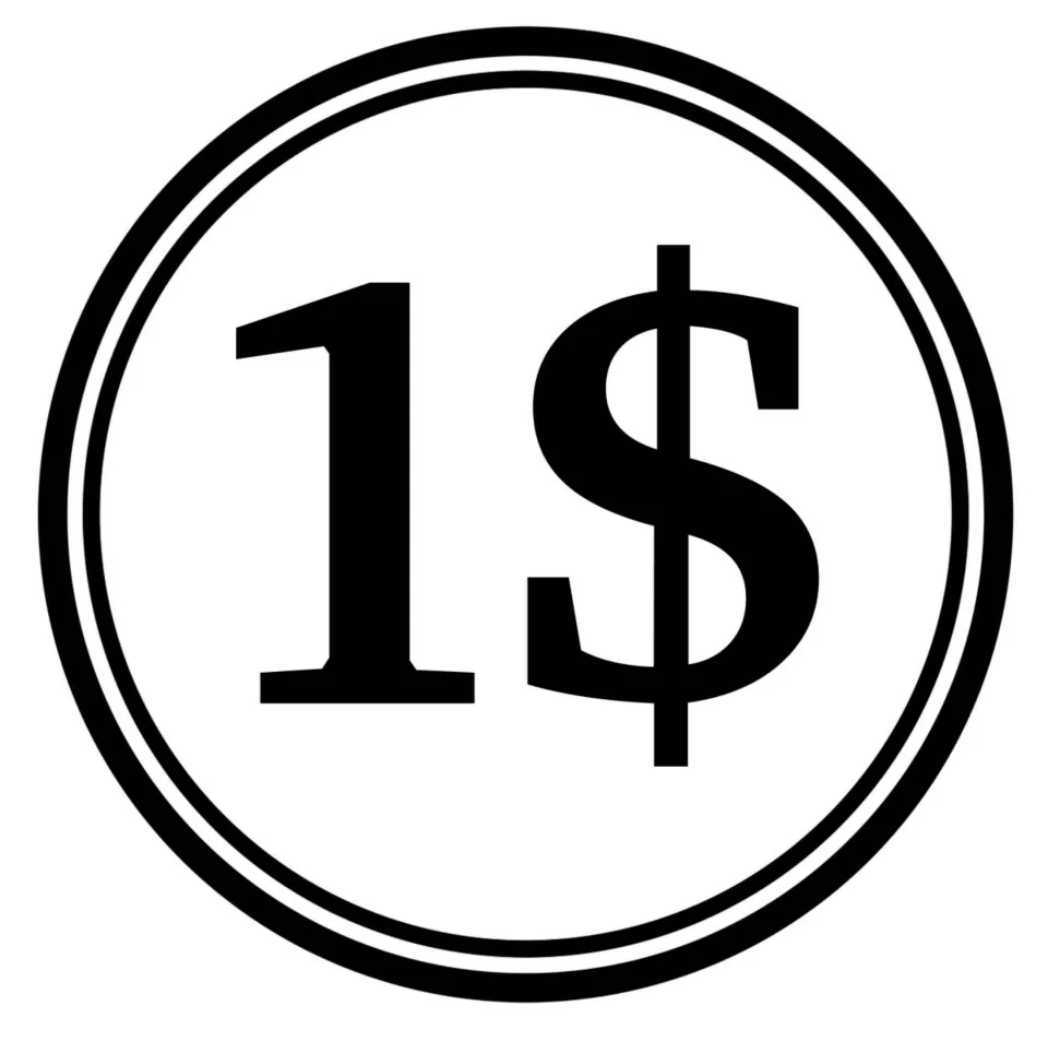 One-dollar coin clip art: black-and-white round graphic printed 1$ in bold type, the largest value in the set