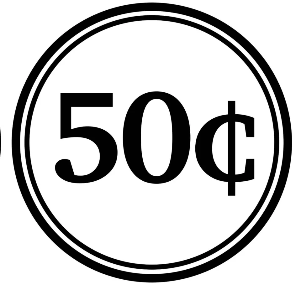 Fifty-cent coin clip art: black-and-white round graphic marked 50¢ in bold type, for totaling and comparing amounts