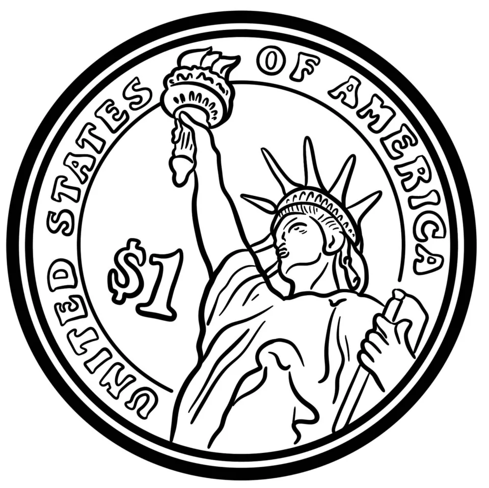 Black-and-white $1 coin clip art showing the Statue of Liberty holding a torch, ringed by UNITED STATES OF AMERICA