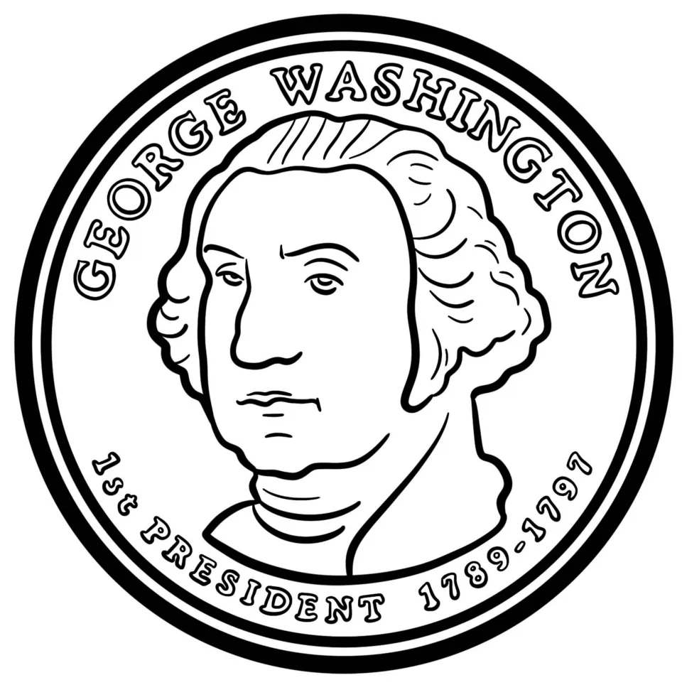 Dollar coin front in black-and-white line art: George Washington portrait labeled 1st President 1789-1797