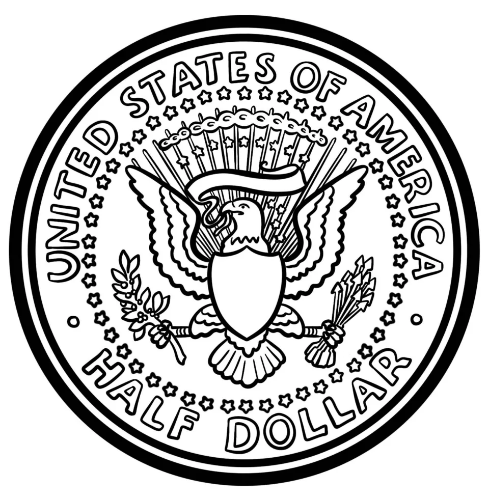 Half dollar coin back in line art: eagle with shield, ring of stars, olive branch and arrows, labeled HALF DOLLAR