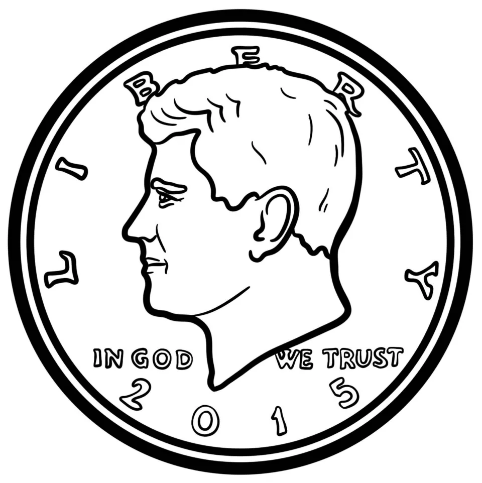 Half dollar coin front in line art: profile portrait with LIBERTY, IN GOD WE TRUST and the year 2015