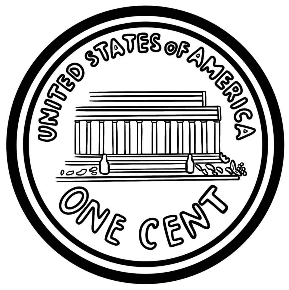 Penny back in black-and-white line art: columned memorial building above the words ONE CENT