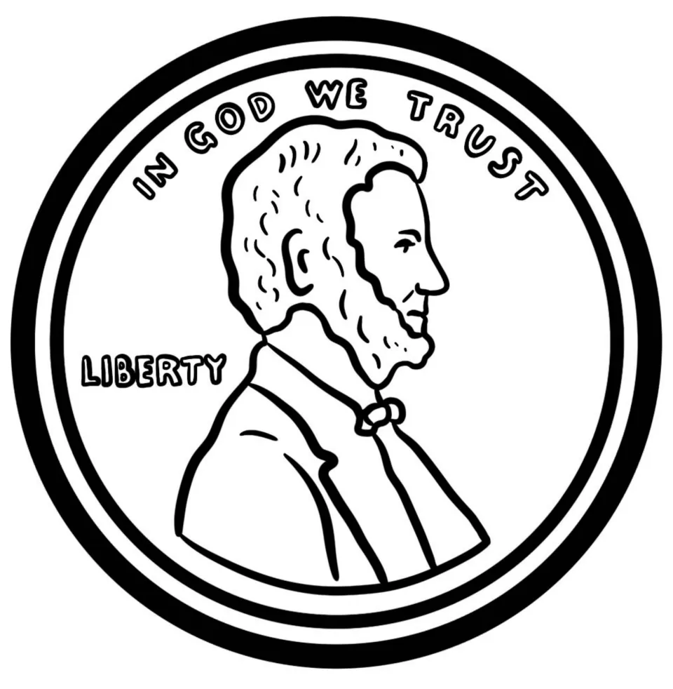 Penny front in line art: bearded profile portrait with IN GOD WE TRUST above and LIBERTY at the left