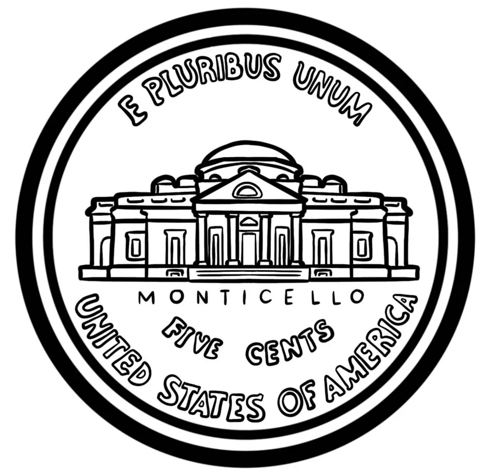 Nickel back in line art: Monticello building above FIVE CENTS, with E PLURIBUS UNUM along the top