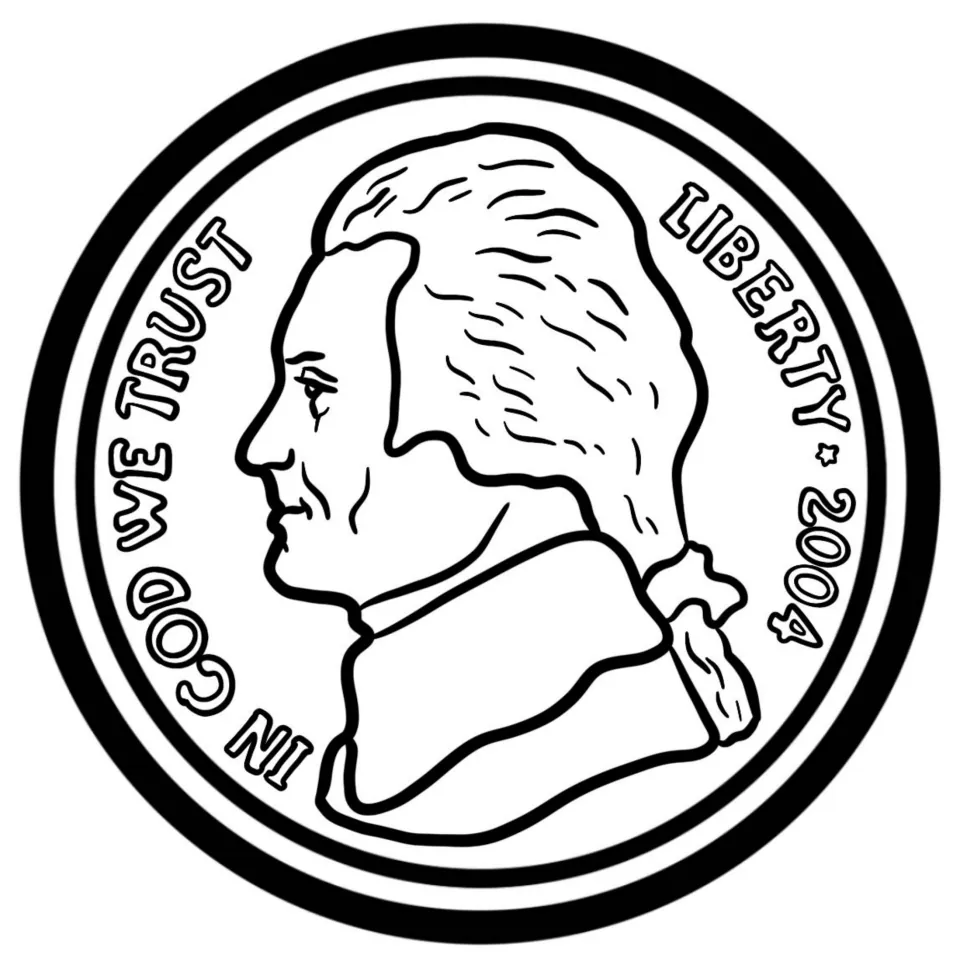 Nickel front in line art: profile portrait with IN GOD WE TRUST, LIBERTY and the year 2004 around the edge