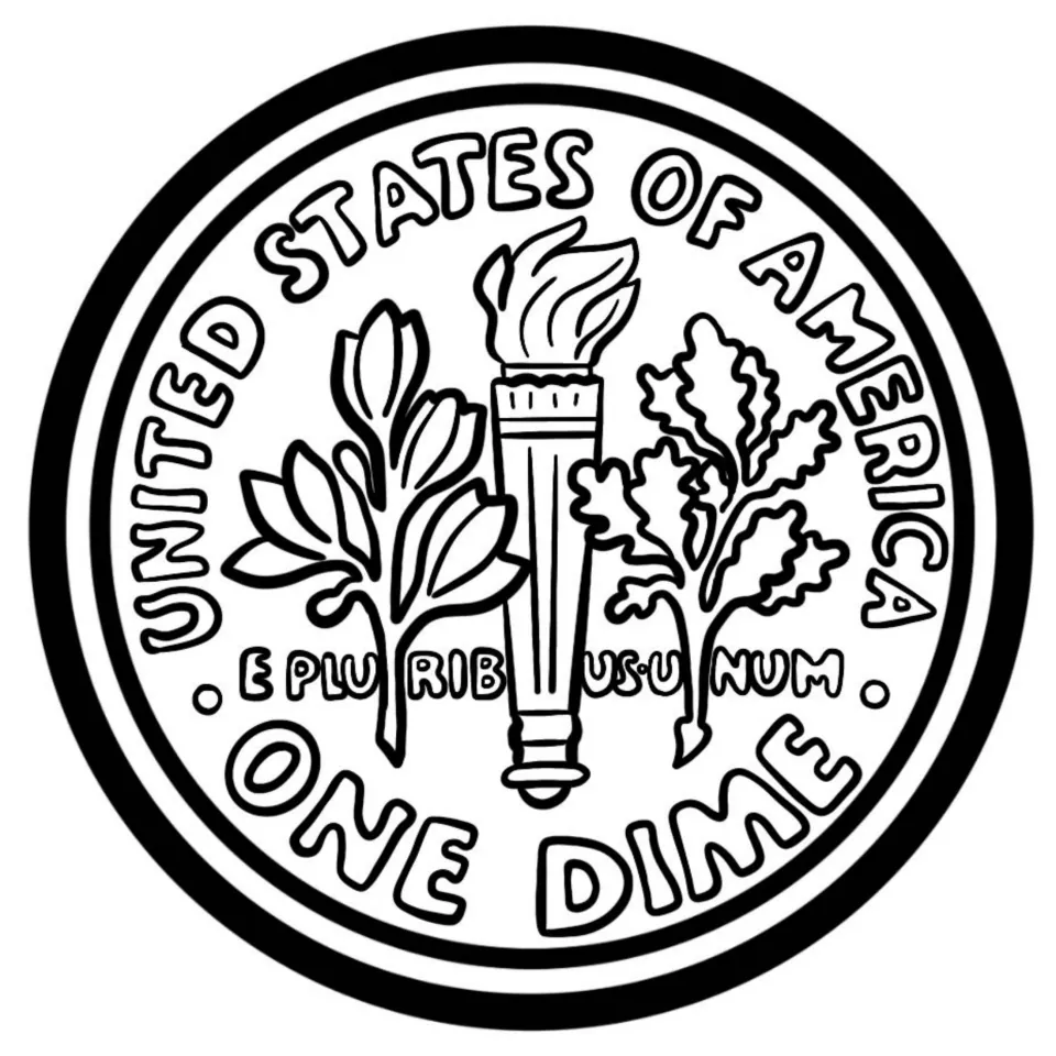 Dime back in line art: torch between olive and oak branches, with ONE DIME and E PLURIBUS UNUM