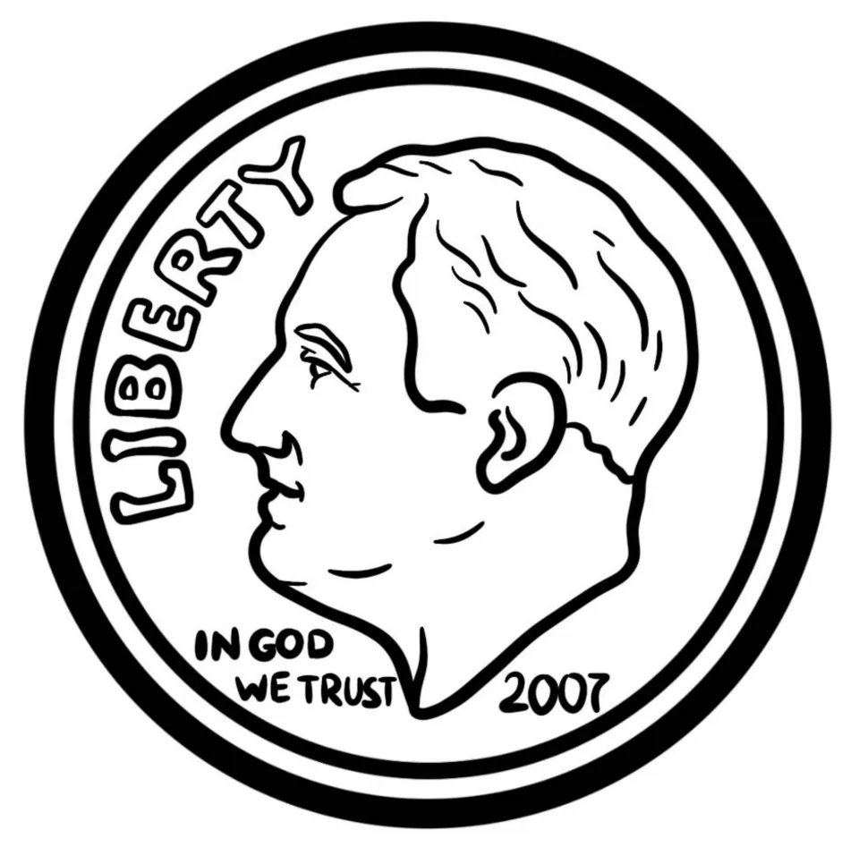 Dime front in line art: profile portrait with LIBERTY, IN GOD WE TRUST and the year 2007