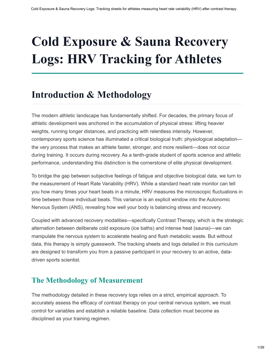 Recovery workbook introduction explains HRV, contrast therapy, and the methodology for collecting data.