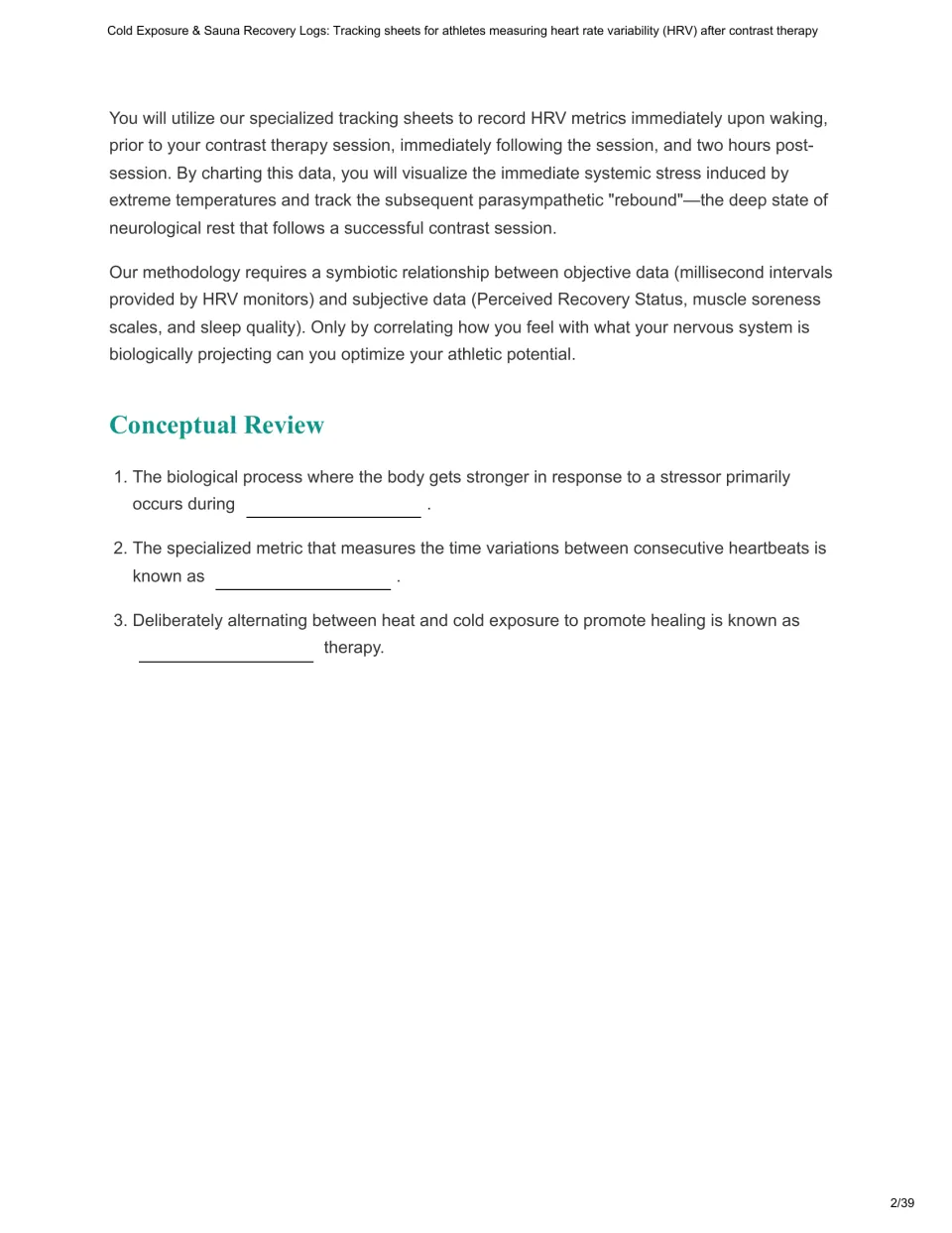 Introduction continuation covers HRV measurement timing and three review questions on recovery concepts.