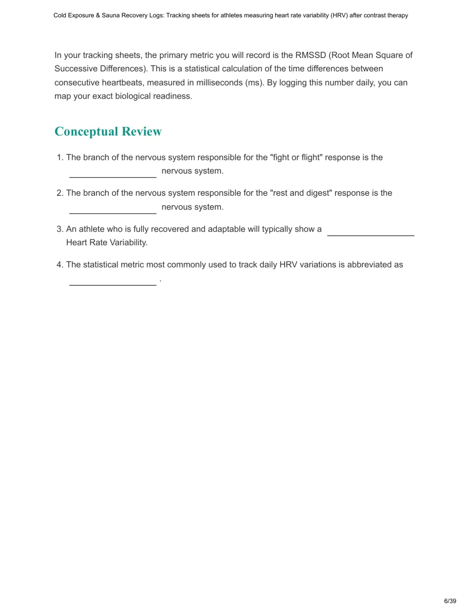 Chapter 2 continuation defines RMSSD and gives four review questions about nervous system branches and HRV.