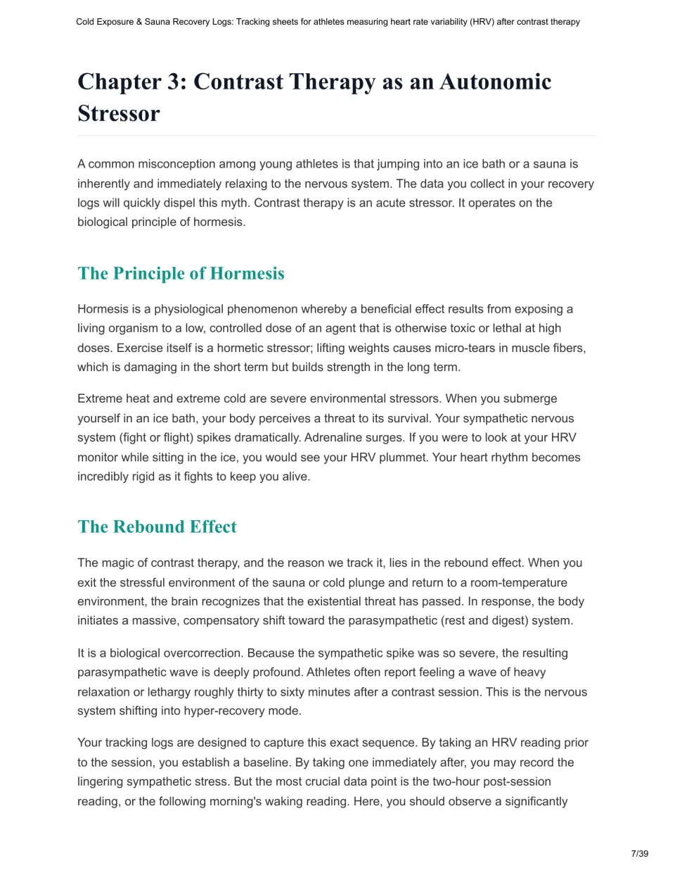 Chapter 3 reading discusses contrast therapy as a stressor, hormesis, and the parasympathetic rebound effect.
