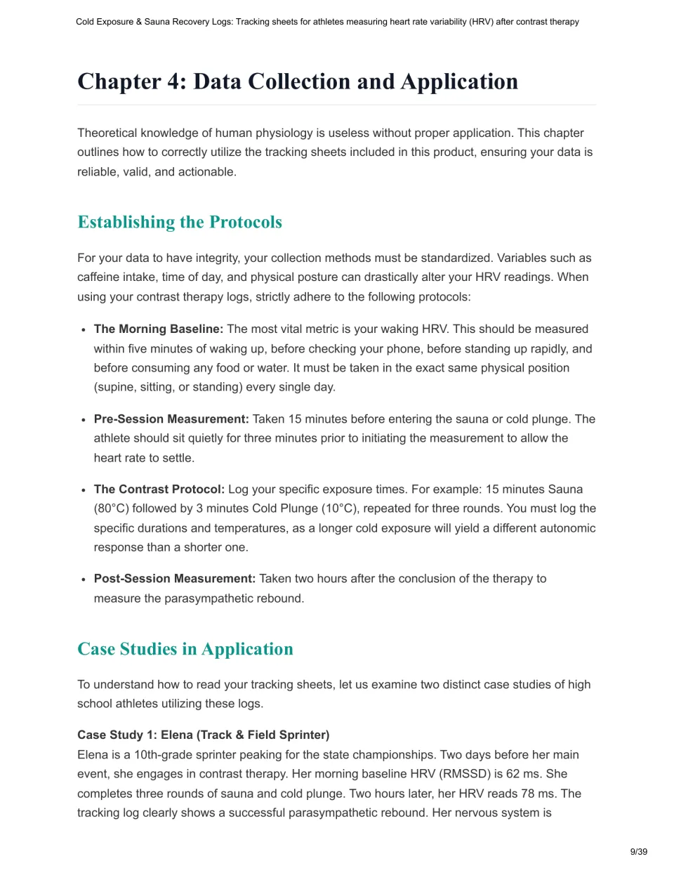 Chapter 4 reading outlines HRV data collection protocols and begins Elena's track and field case study.