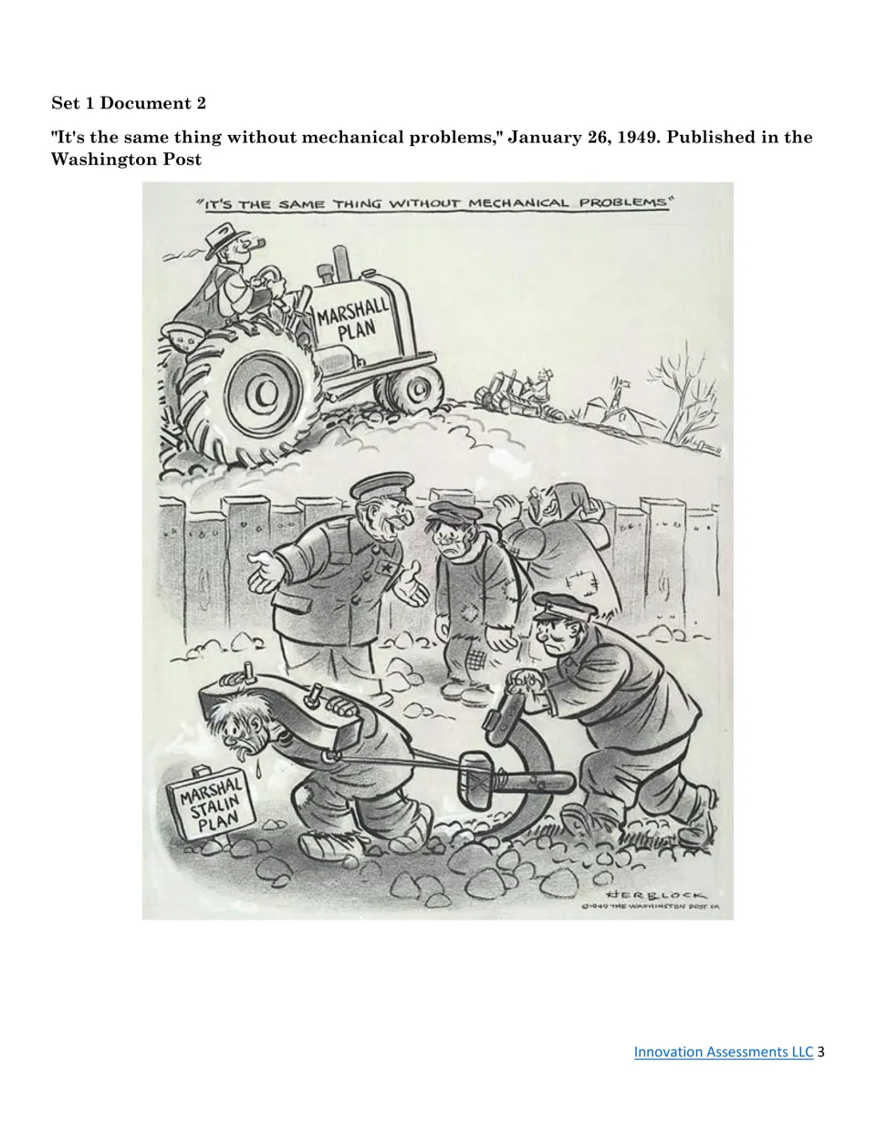 Set 1 Document 2: 1949 cartoon of a Marshall Plan tractor versus a man yoked to a plow by a 'Marshal Stalin Plan' sign