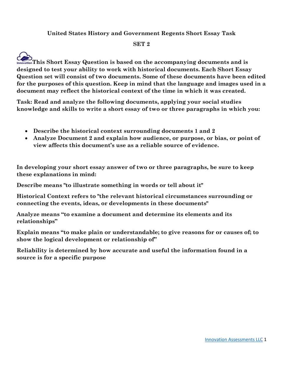 Set 2 short essay task: students describe historical context and judge Document 2's reliability via bias or purpose