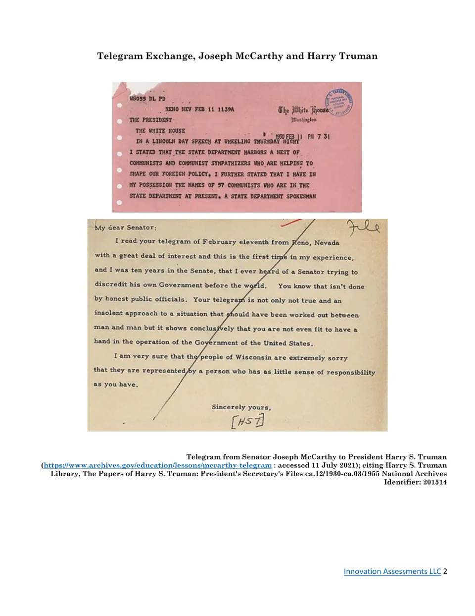 Set 2 document: McCarthy's 1950 telegram claiming 57 communists in the State Department and Truman's sharply worded reply