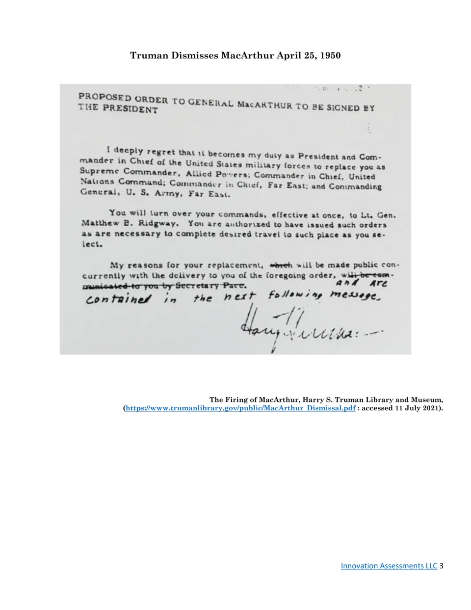 Set 2 document: Truman's signed order relieving General MacArthur of command and turning it over to Matthew Ridgway