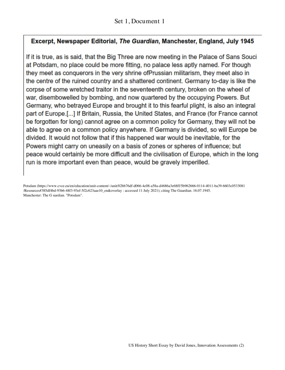 Set 1, Document 1: July 1945 Guardian editorial on Potsdam, occupied Germany, and the risk of a divided Europe