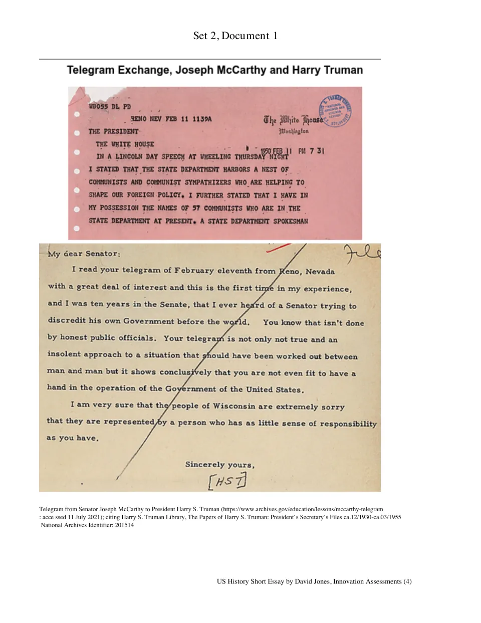 Set 2, Document 1: Joseph McCarthy’s telegram alleging communists in government and Harry Truman’s response