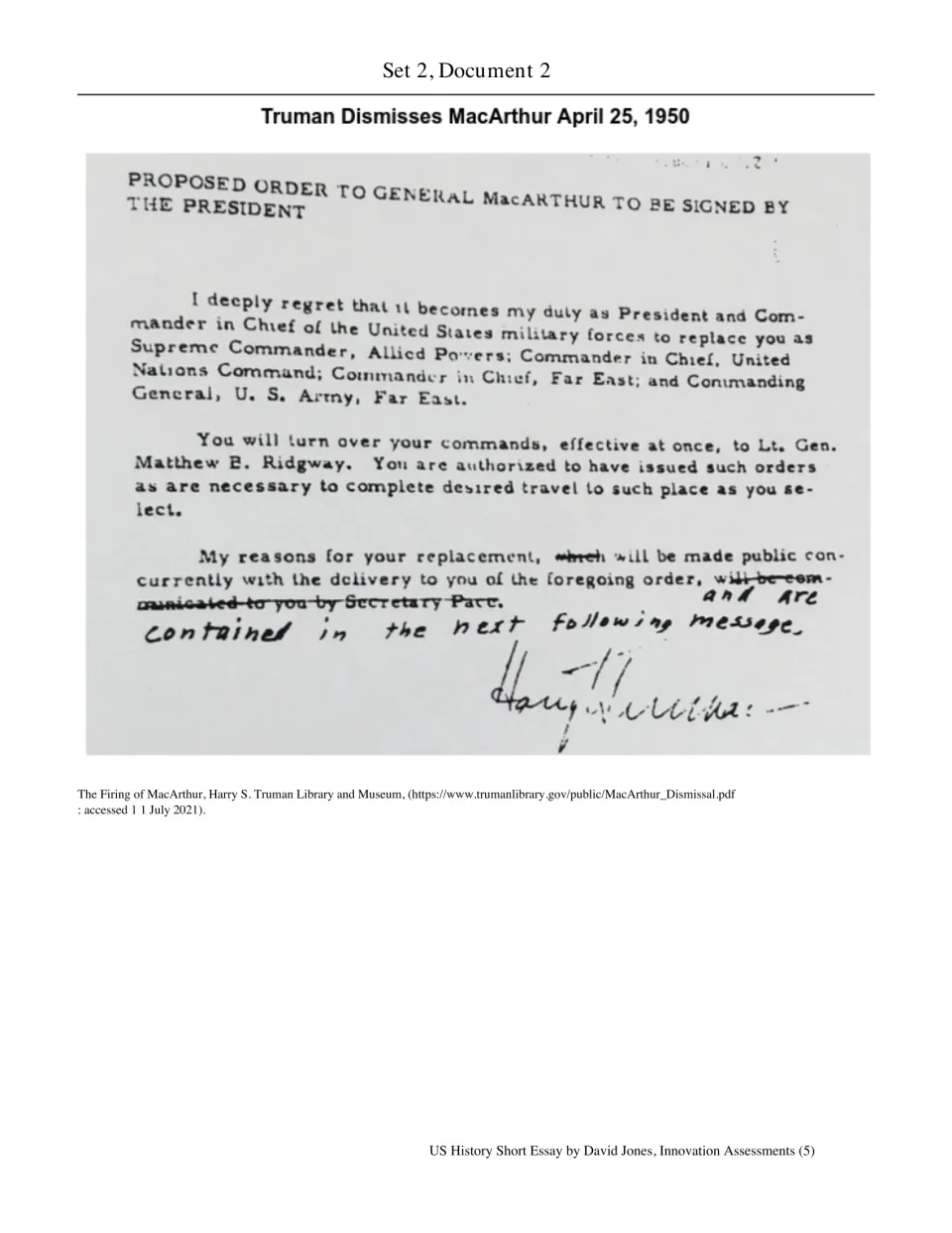 Set 2, Document 2: proposed order dismissing General MacArthur and transferring command to Matthew Ridgway