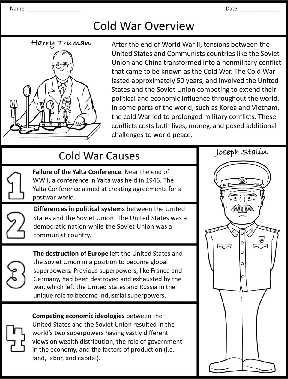 Cold War overview reading: students read a summary and four numbered causes, from the Yalta Conference to rival economies