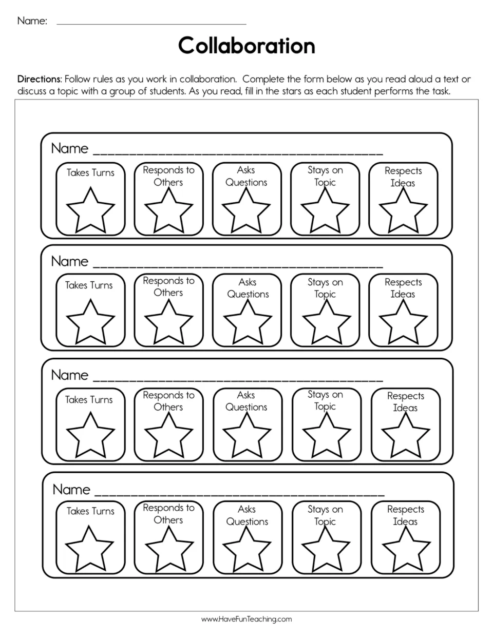 Collaboration tracker: students fill in stars as 4 group members take turns, ask questions, stay on topic and respect ideas