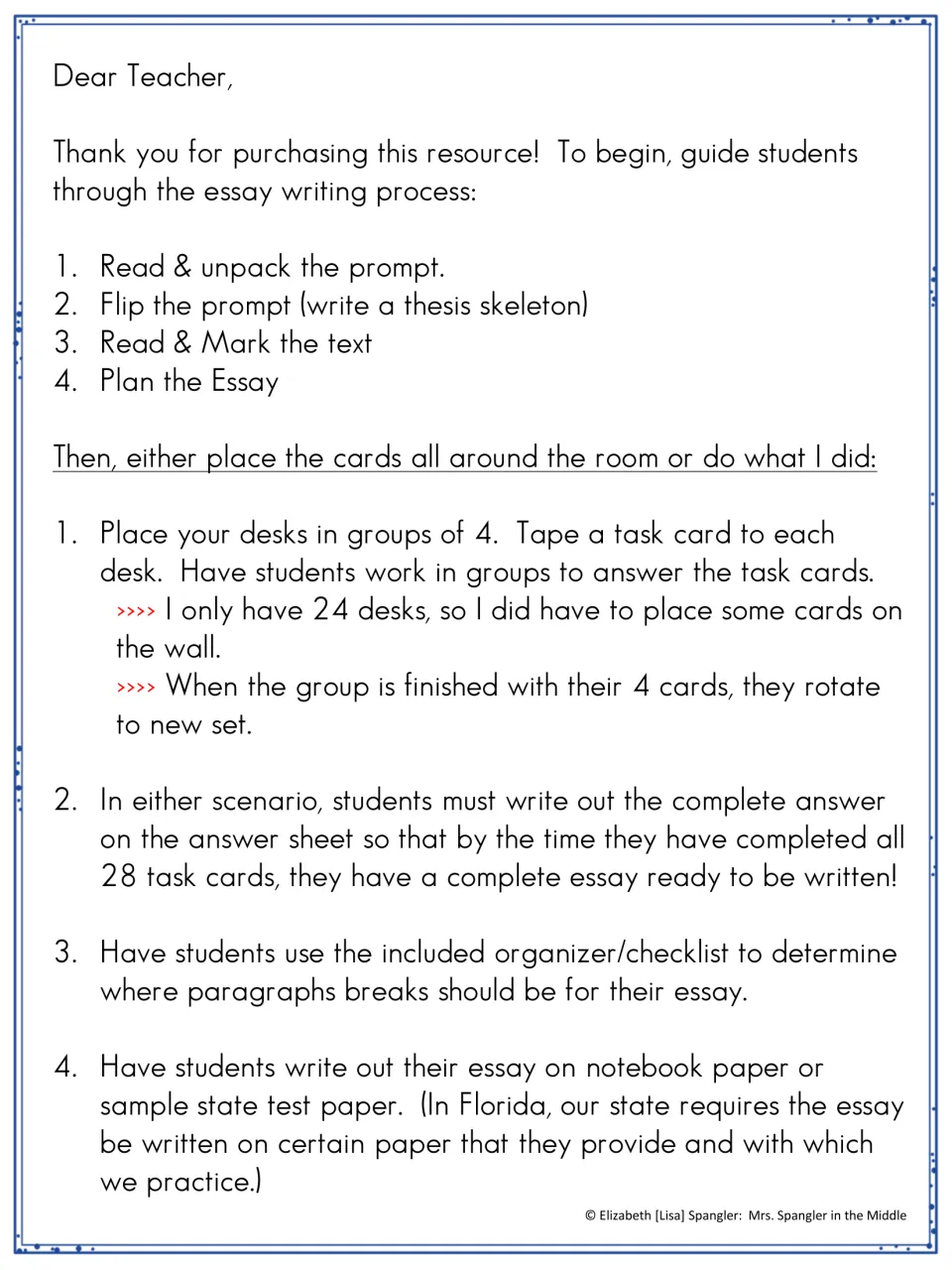 Teacher directions for rotating through 28 essay task cards, recording answers, and organizing a final essay