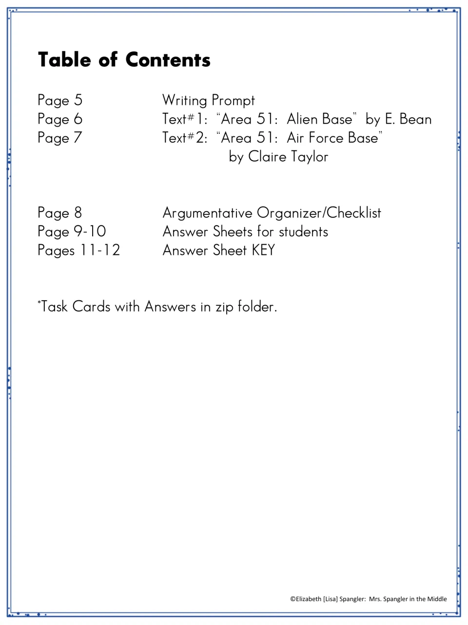 Table of contents lists the Area 51 prompt, two texts, essay organizer, student answer sheets, and answer key