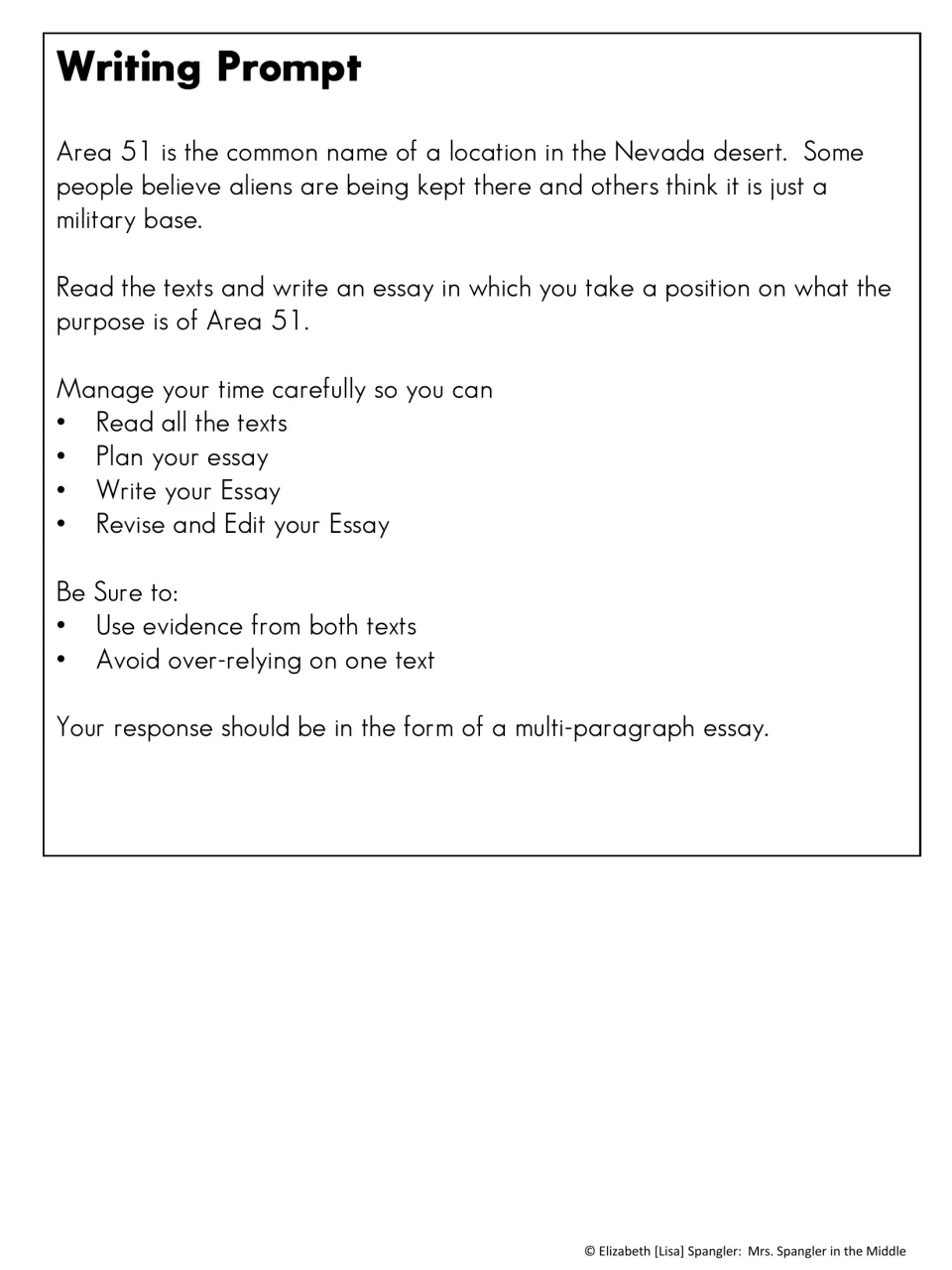 Area 51 essay prompt asks students to take a position on its purpose and use evidence from both source texts