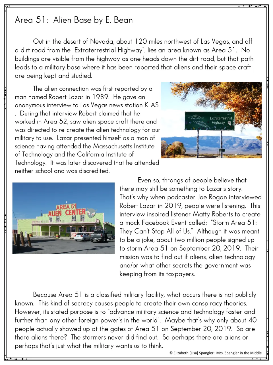 First source text, “Area 51: Alien Base” by E. Bean, covers Robert Lazar’s claims and the Storm Area 51 event