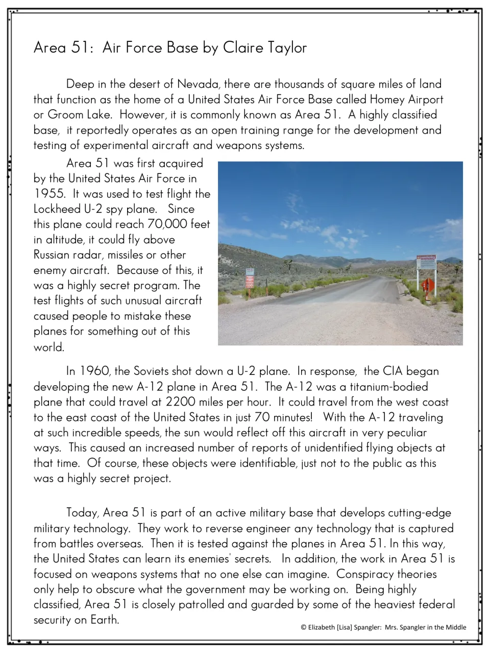 Second source text, “Area 51: Air Force Base” by Claire Taylor, discusses U-2 and A-12 aircraft and military technology