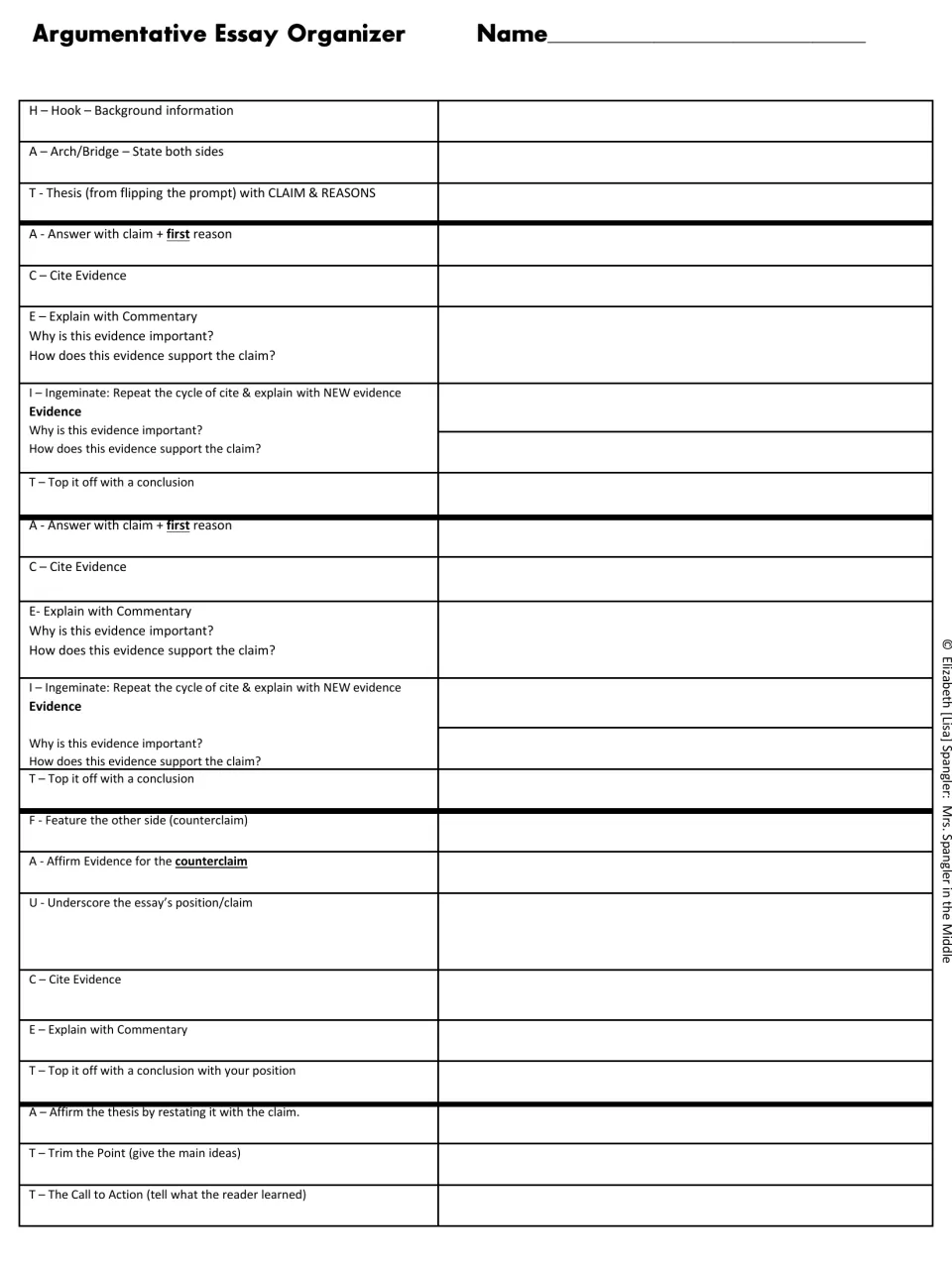 Argumentative essay organizer guides the introduction, claims, cited evidence, commentary, counterclaim, and conclusion