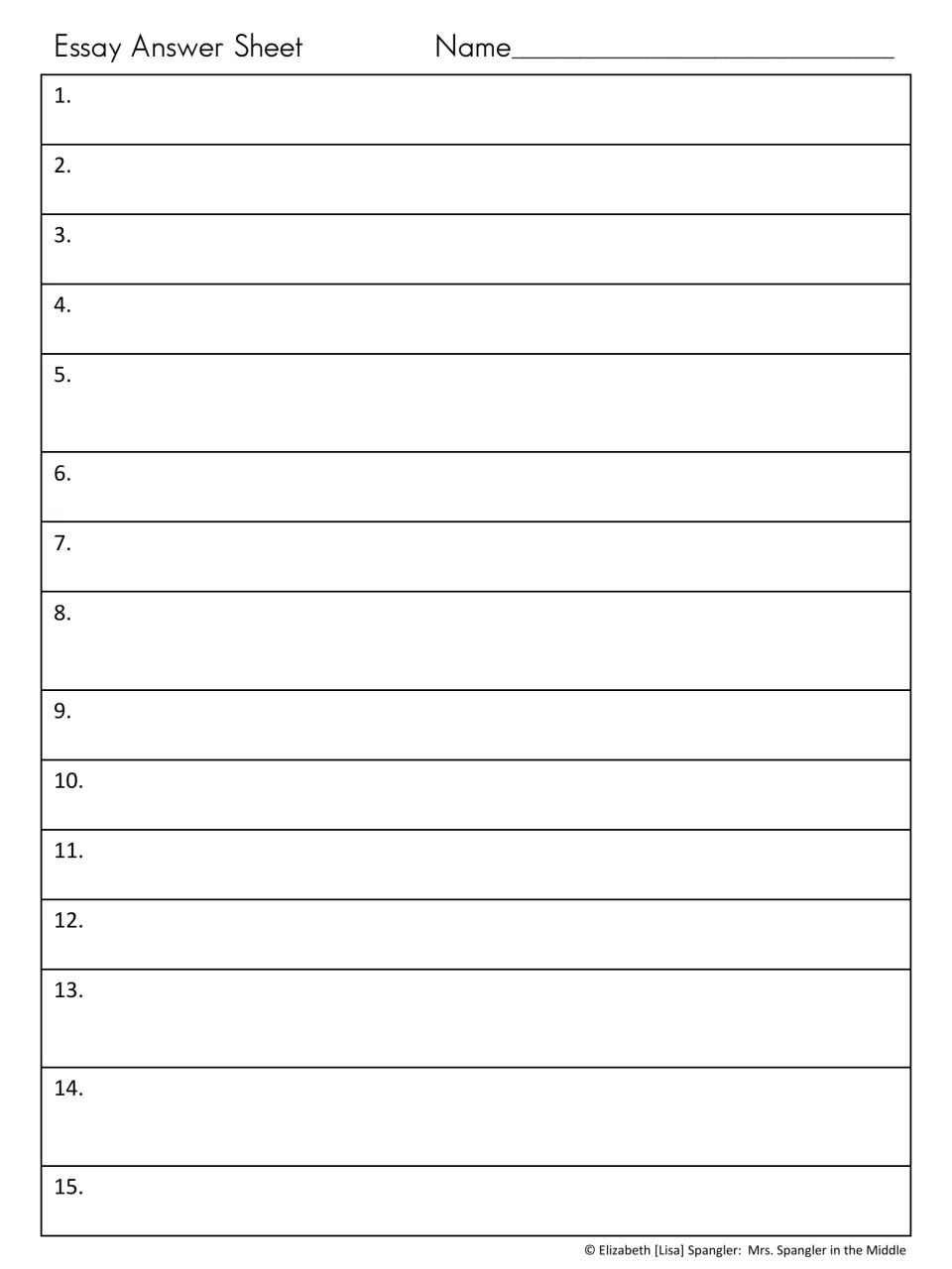 Essay answer sheet provides numbered spaces for responses 1–15 from the 28-card collaborative writing activity
