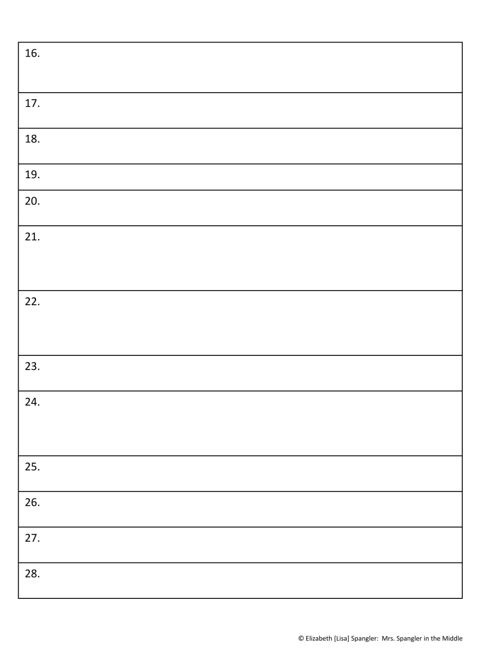 Second essay answer sheet provides spaces for responses 16–28 to complete the collaborative task card activity