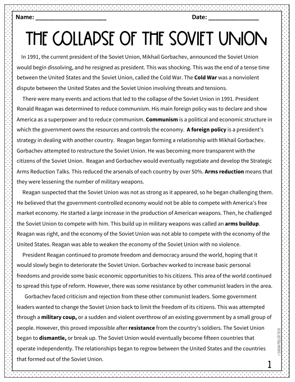 Reading passage on the 1991 Soviet breakup: Gorbachev, Reagan, the Cold War, arms reduction and a failed military coup