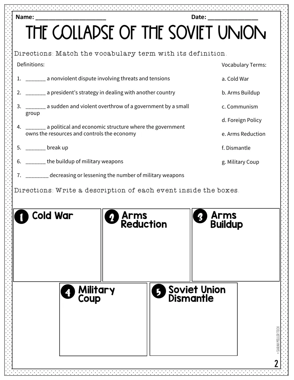 Cold War vocabulary: students match 7 terms such as communism and military coup to definitions, then describe 5 key events