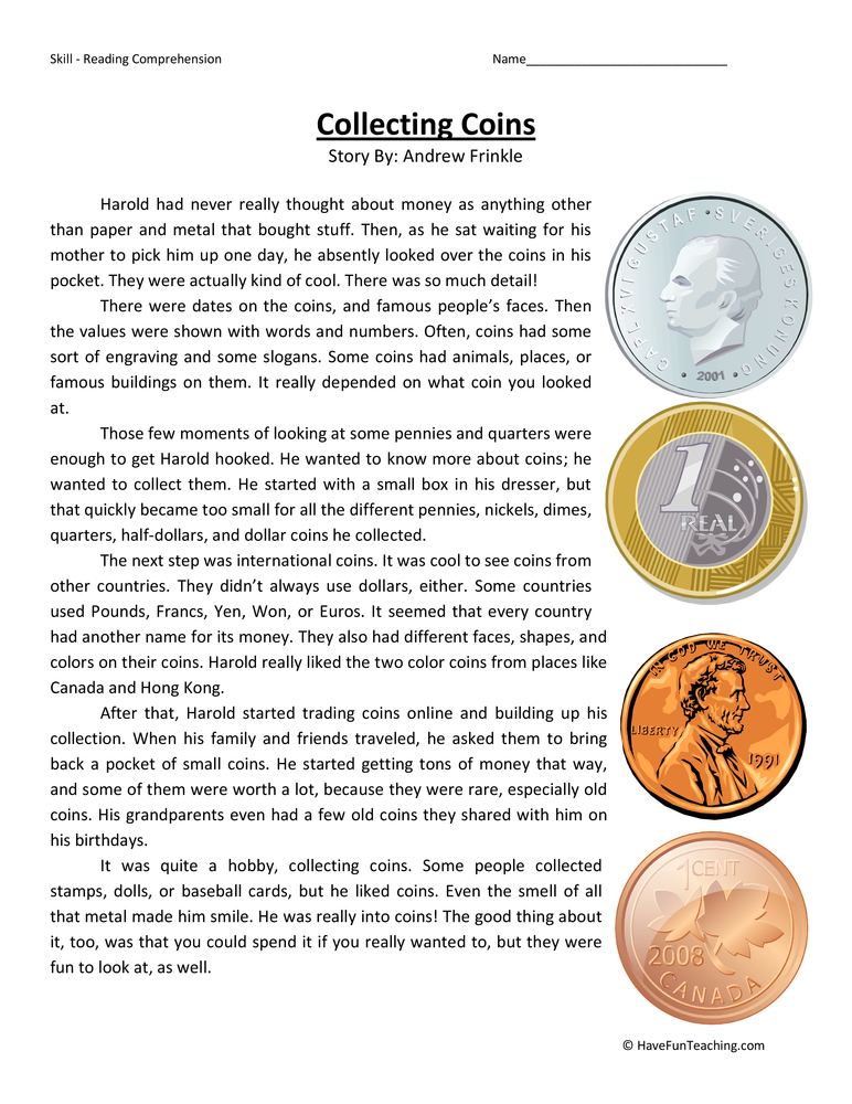 Collecting Coins - Reading Comprehension Worksheet teaching resource preview