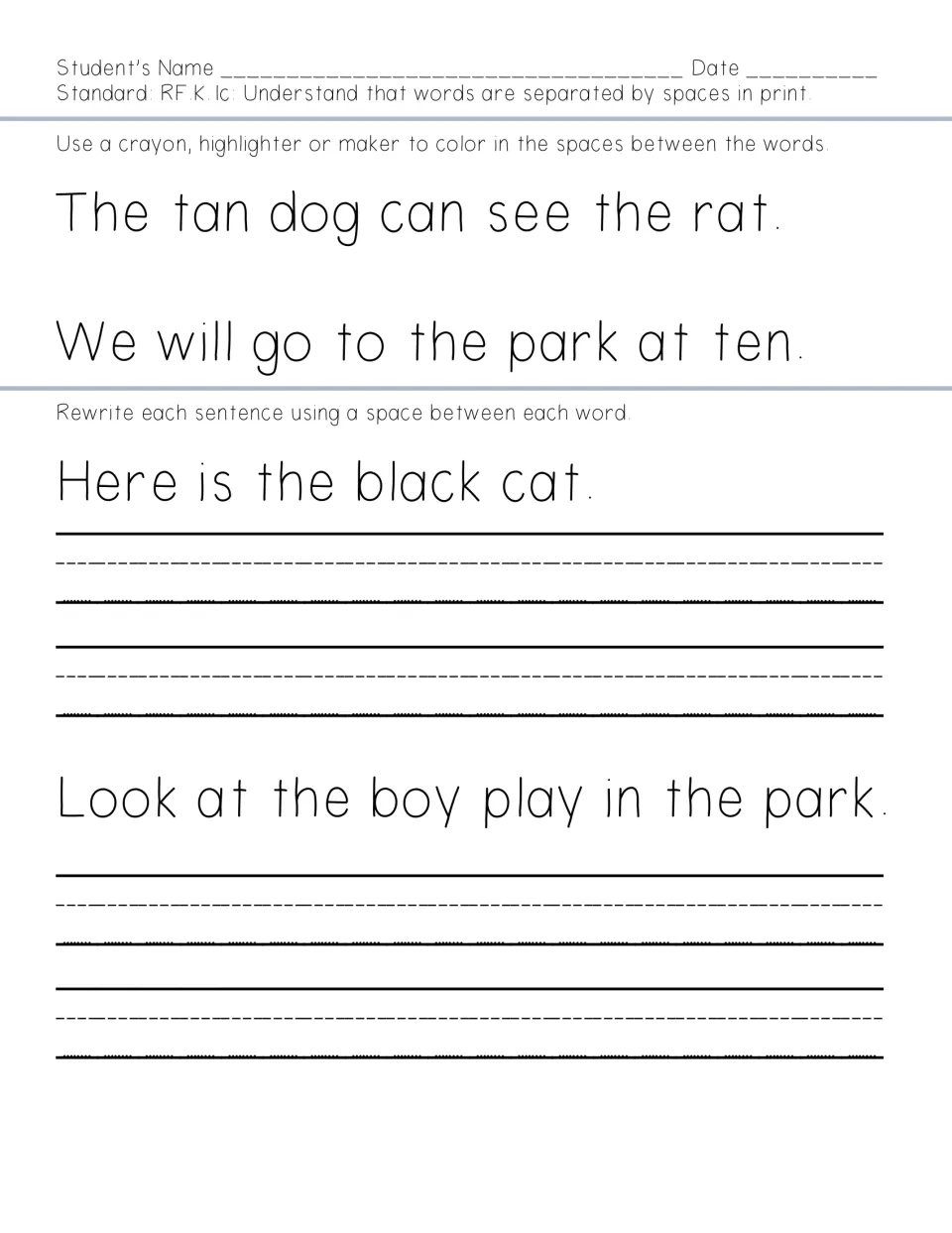 Word spacing assessment asks students to color spaces and rewrite sentences, including 'Here is the black cat.'