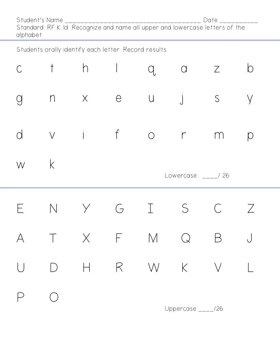 Letter naming assessment presents 26 lowercase and 26 uppercase letters for oral identification and scoring