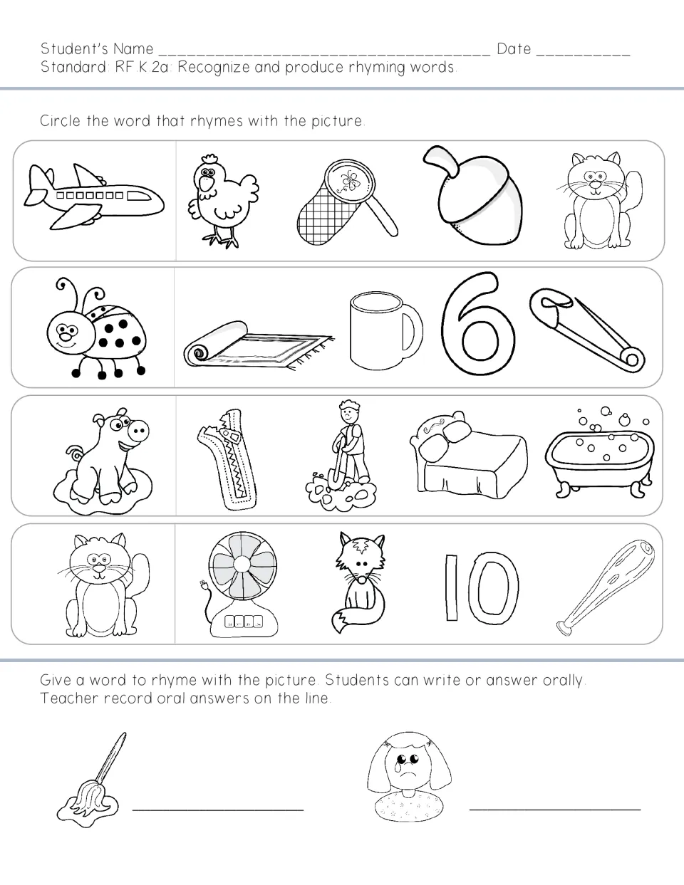 Rhyming assessment asks students to match pictures for plane, bug, pig, and cat and give rhymes for mop and sad